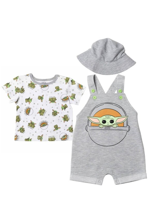 The Child Newborn Baby Boys Short Overalls Graphic T-Shirt and Hat 3 Piece Outfit Set Light Gray 3-6 Months