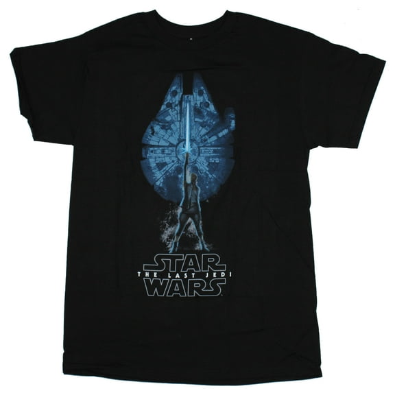 Star Wars The Last Jedi Mens T-Shirt - Rey Under Blue Millennium Falcon Image (Medium)