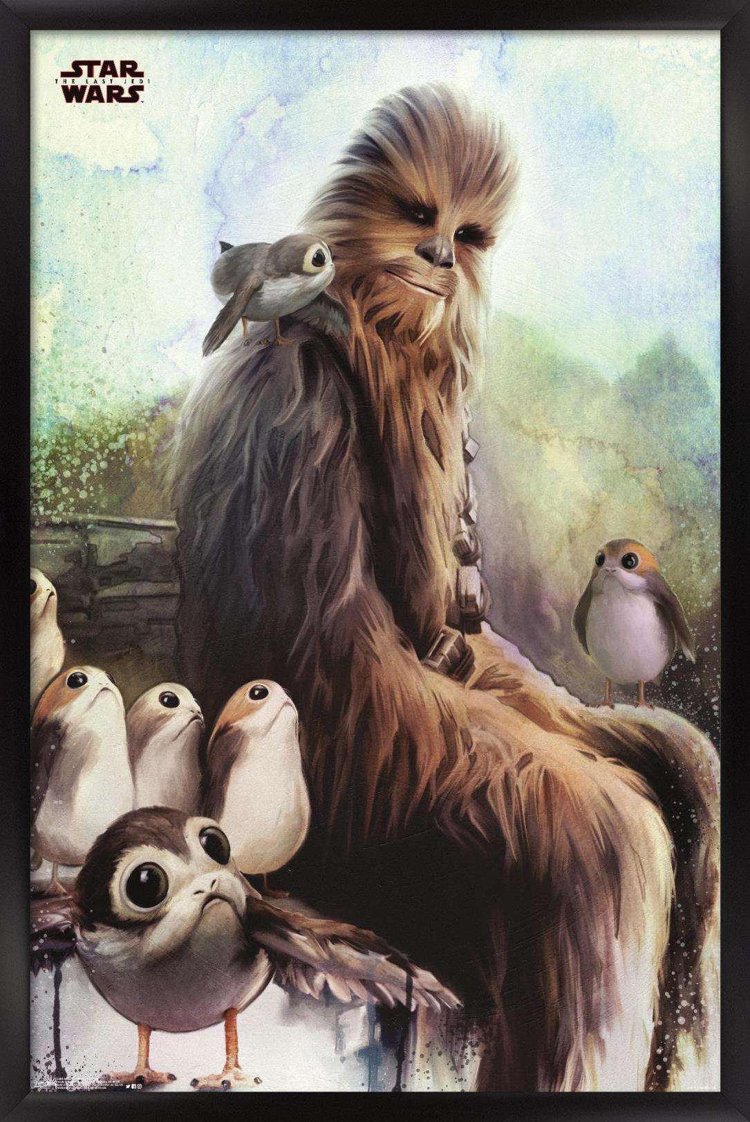 Star Wars: The Last Jedi - Wookiee And Porg Wall Poster, 14.725" x 22.375", Framed