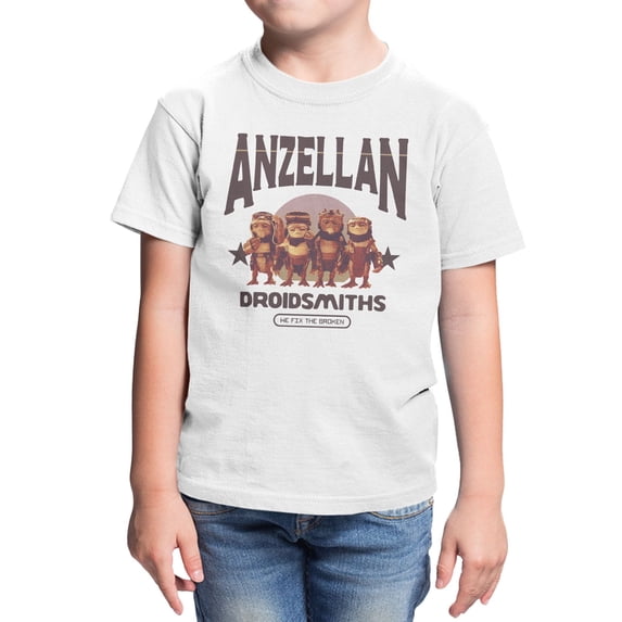 Star Wars The Mandalorian And Grogu Broken Fix Anzellan Droidsmith Line Up Youth T Shirt (White, XS-XL)