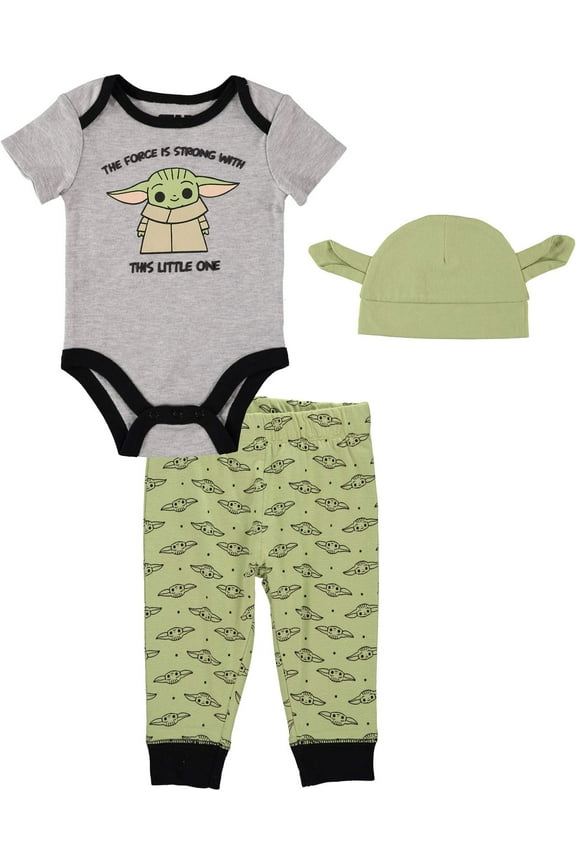 Star Wars The Mandalorian Baby Boys Bodysuit, Pants and Hat Clothing Set - Baby Yoda Baby Clothes Grey/Green/Black, 6-9M