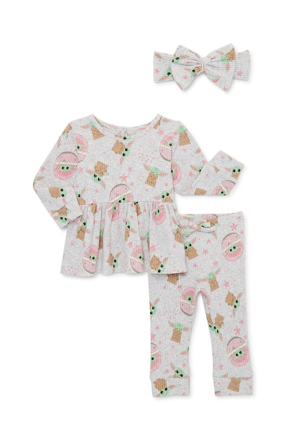 The Mandalorian Baby Yoda Baby Girls Peplum Ribbed Top, Leggings and Headband Outfit Set, 3-Piece, Sizes 0/3-24 Months