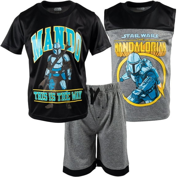 Star Wars The Mandalorian Boba Fett The Child Little Boys Athletic Pullover T-Shirt Tank Top and Shorts 3 Piece Outfit Set Little Kid to Big Kid