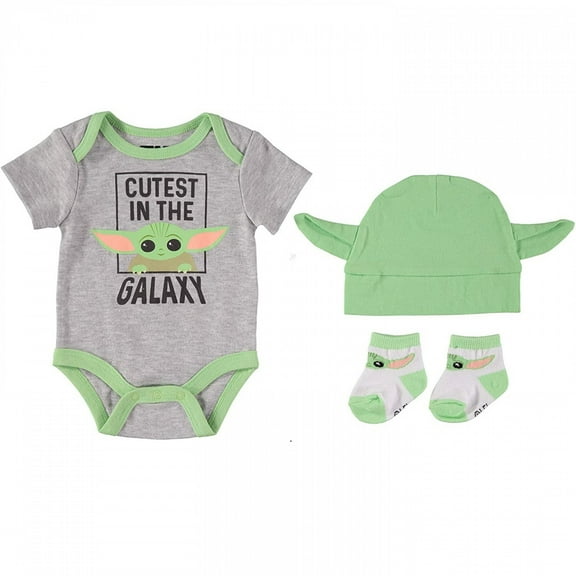 STAR WARS Yoda Baby Boys Bodysuit Bootie Socks and Hat 3 Piece Gift Set Grey/Green/White, 0-6 Months
