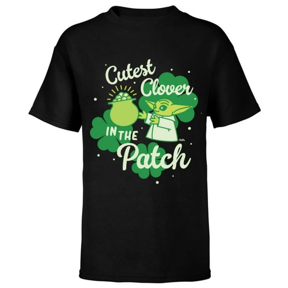 Star Wars The Mandalorian Grogu Cutest Clover in the Patch - Short Sleeve T-Shirt for Kids - Customized-Black