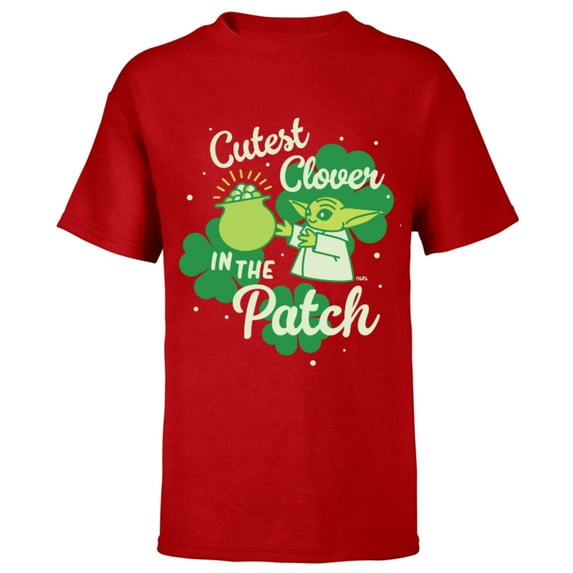 Star Wars The Mandalorian Grogu Cutest Clover in the Patch - Short Sleeve T-Shirt for Kids - Customized-Red