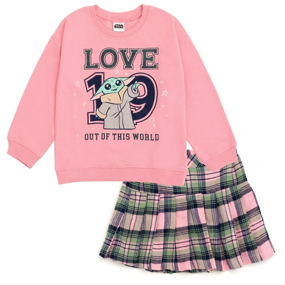 Star Wars The Mandalorian Grogu Fleece Oversized Drop Shoulder Sweatshirt and Pleated Skirt Plaid Toddler to Big Kid
