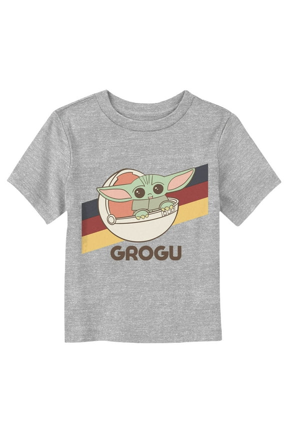 : The Mandalorian Grogu Flying Bassinet Retro Stripes Graphic T-Shirt