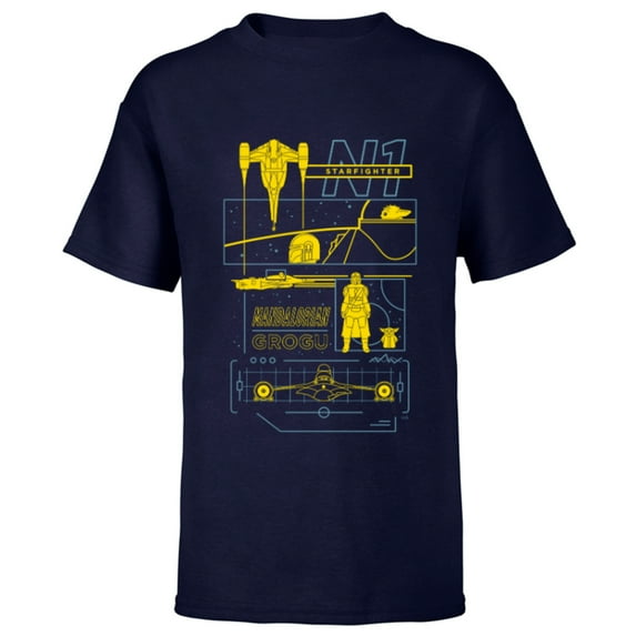 Star Wars The Mandalorian & Grogu N-1 Starfighter Schematic - Short Sleeve T-Shirt for Kids - Customized-Navy