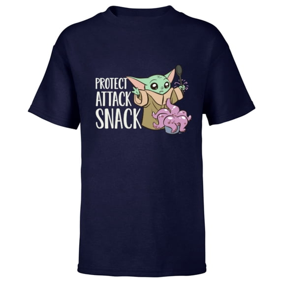 Star Wars The Mandalorian Grogu Protect Attack Snack Chowder - Short Sleeve T-Shirt for Kids - Customized-Navy