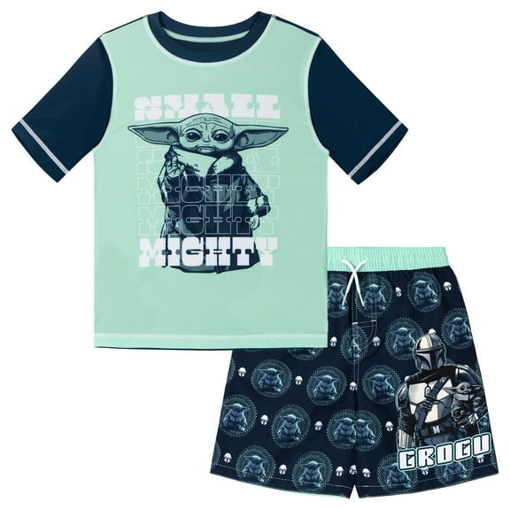 Star Wars The Mandalorian Grogu Rash Guard and Swim Trunks UPF 50+ Outfit Set Little Kid to Big Kid