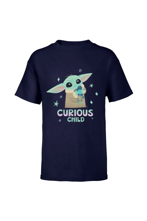 The Mandalorian Grogu with Frog Curious Child - Short Sleeve T-Shirt for Kids - Customized-Navy