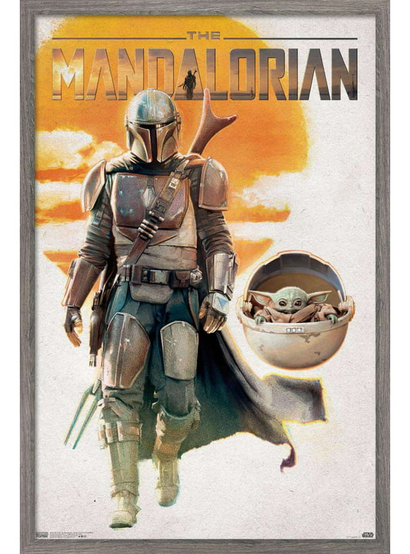 Star Wars: The Mandalorian - Mando And The Child Walking Wall Poster, 22.375" x 34", Framed