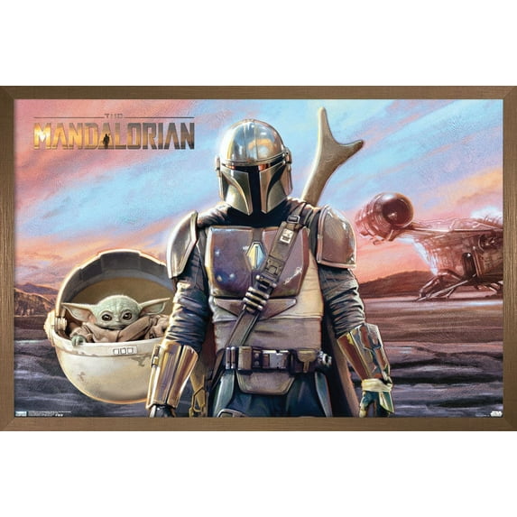 Star Wars: The Mandalorian - Mando And The Child With Ship Wall Poster, 14.725" x 22.375", Framed