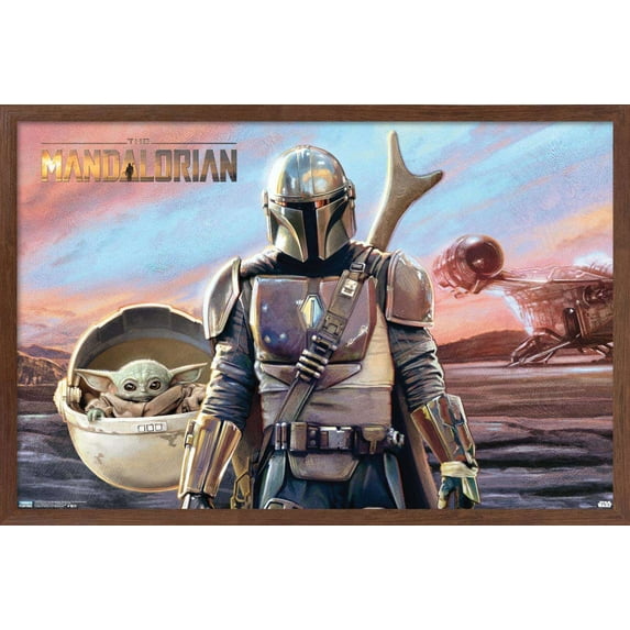Star Wars: The Mandalorian - Mando And The Child With Ship Wall Poster, 22.375" x 34", Framed