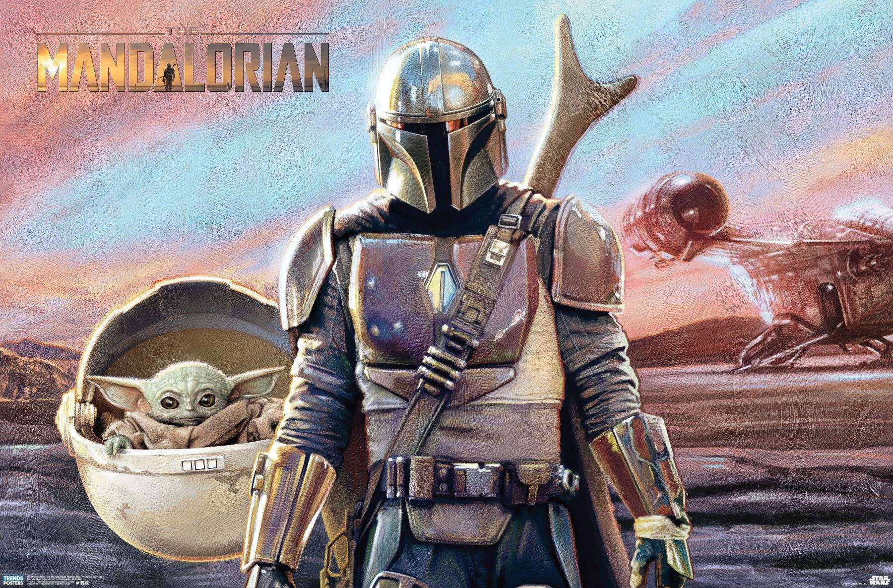 Star Wars: The Mandalorian - Mando And The Child With Ship Wall Poster, 22.375" x 34"