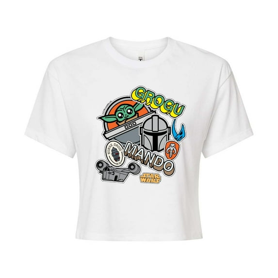 Star Wars - The Mandalorian Mando Grogu Stickers - Juniors Cropped Short Sleeve Graphic T-Shirt