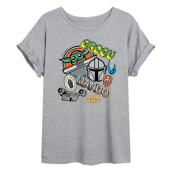 Star Wars - The Mandalorian Mando Grogu Stickers  - Womens Oversized Graphic T-Shirt