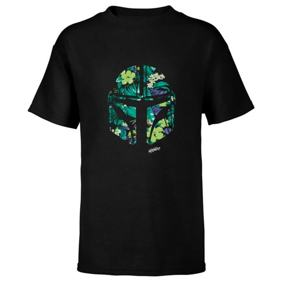 Star Wars The Mandalorian Mando Tropical Print Helmet - Short Sleeve T-Shirt for Kids - Customized-Black
