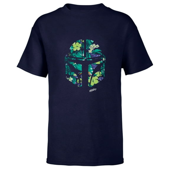 Star Wars The Mandalorian Mando Tropical Print Helmet - Short Sleeve T-Shirt for Kids - Customized-Navy