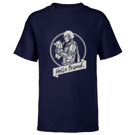 Star Wars The Mandalorian Mando and Grogu Hello Friend - Short Sleeve T-Shirt for Kids - Customized-Navy