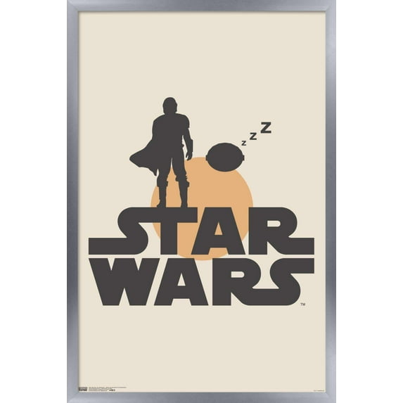 Star Wars: The Mandalorian - Mando and Sleeping The Child Illustration Wall Poster, 14.725" x 22.375", Framed