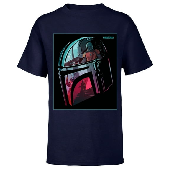 Star Wars The Mandalorian Neon Helmet - Short Sleeve T-Shirt for Kids - Customized-Navy