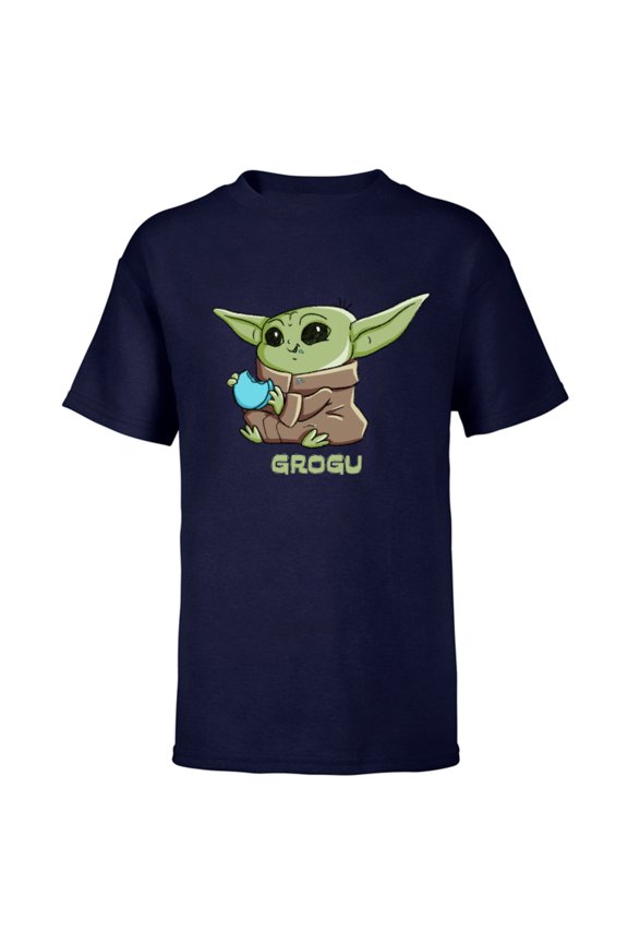 The Mandalorian The Child Grogu Blue Macaron - Short Sleeve T-Shirt for Kids - Customized-Navy