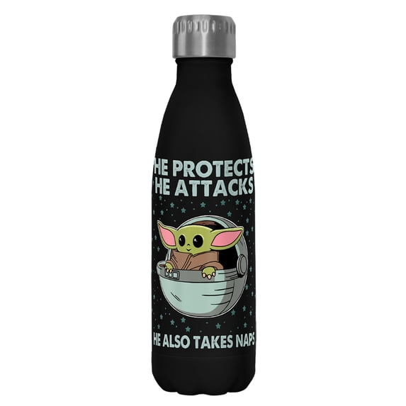 Star Wars: The Mandalorian The Child Protects Attacks Naps Stainless Steel Water Bottle Black 17 oz.