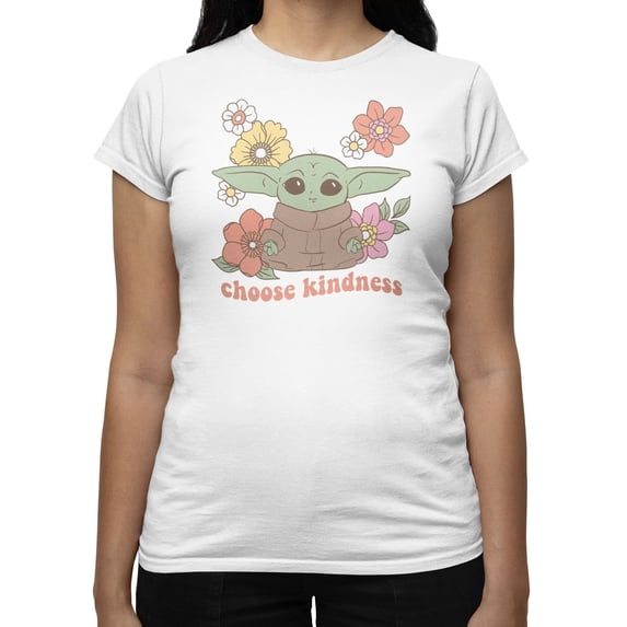 Star Wars The Mandalorian Women's Grogu Choose Kindness Flowers T-Shirt (Bright White, S-XXL)
