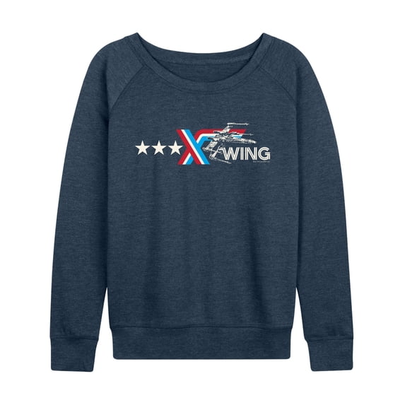 Star Wars - X Wing Americana Horizontal Chest Women's Lightweight French Terry Wide Neck Long Sleeve Graphic Shirt