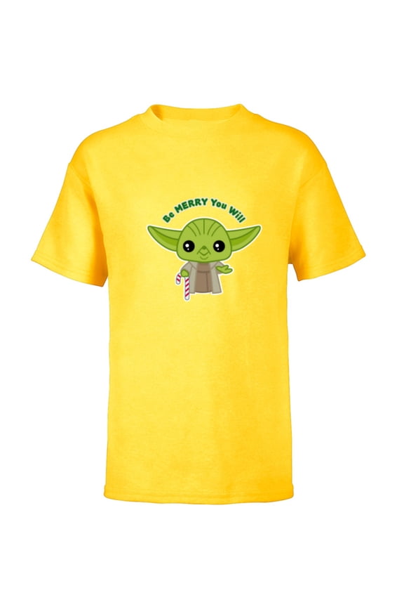 Yoda Cute Christmas Holiday Be Merry You Will - Short Sleeve T-Shirt for Kids - Customized-Yellow