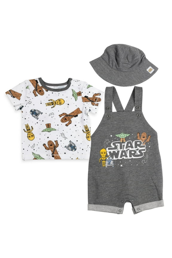 Yoda R2-D2 Chewbacca Newborn Baby Boys French Terry Short Overalls T-Shirt and Hat 3 Piece Outfit Set Newborn to Infant