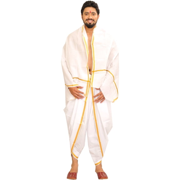 Star-White Dhoti and Angavastram Set with Woven Border in Zari Thread