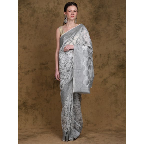 Star-White Saree from Banaras with Silver Thread work Floral Vine