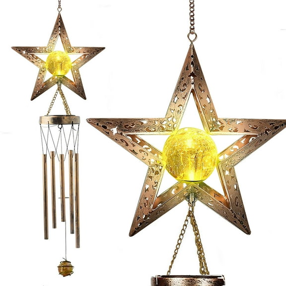 QiShi Star Wind Chimes for Outside Hanging Outdoor Decor Star Wind Chime Crackle Glass Ball Warm Light Unique Memorial Gift with Metal Tubes for Outdoor Garden, Patio, Yard, Home Decor