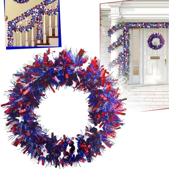 Star Wire Garland,Patriotic Tinsel Wreath for Front Door,250 Star Spangled Garland,for 4Th Of July,National Day,Independence Day,Red,Silver and Blue