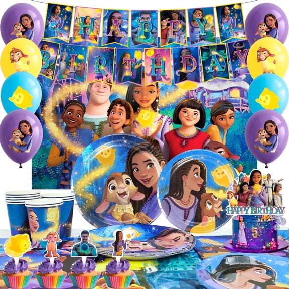 68pcs Wish Birthday Party Supplies Kit - Wish Banner Cake Topper Backdrop Balloons Plates Tablecloth etc for Wish Party Decoration & Celebration Kit