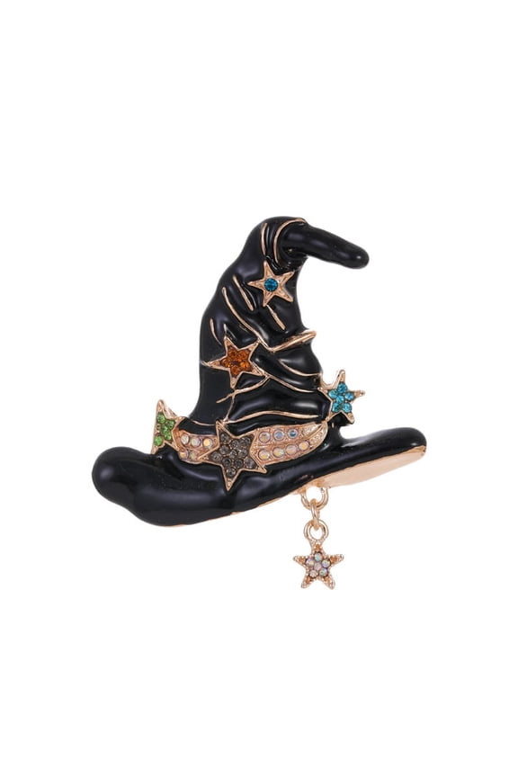 Star Hat Alloy Enamel Brooches with Rhinestone Enamel Pins Golden Black 53x58mm