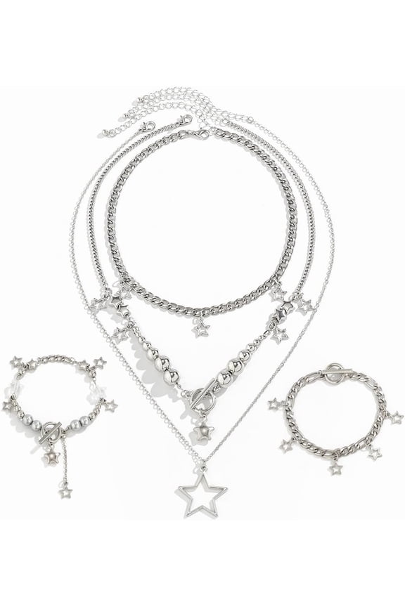Star Y2k Silver Necklace Grunge Layered Necklace Cute Aesthetic Stack Toggle Chain Necklaces Gothic Vintage Emo Jewelry Set for Women