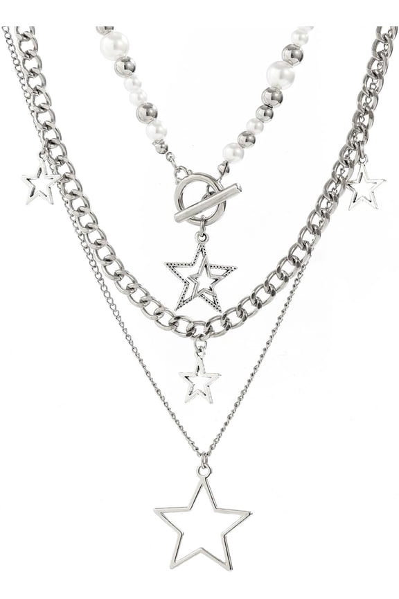Star Y2k Silver Necklace Grunge Layered Necklace Cute Aesthetic Stack Toggle Chain Necklaces Gothic Vintage Emo Jewelry Set for Women