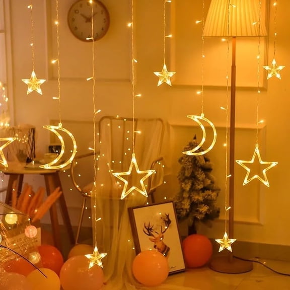 Star and Moon Curtain Lights Plug-in with Warm White LED for Bedroom, Indoor Outdoor Fairy Decor