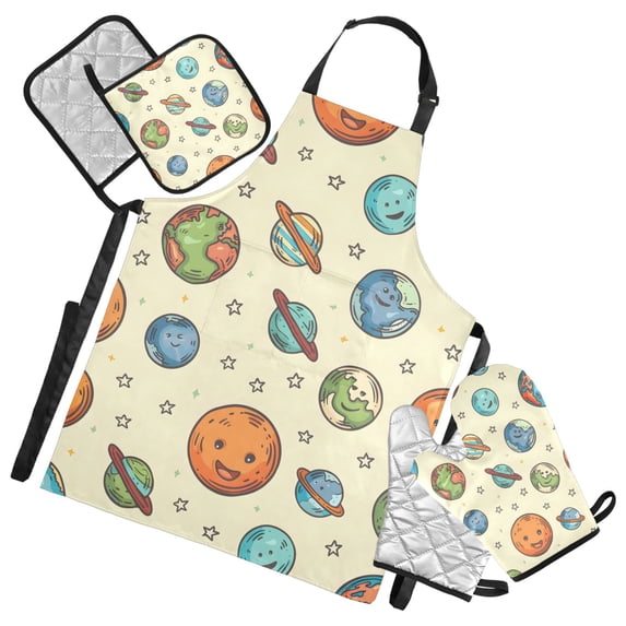 Star and Various Planet 5 Pcs Kitchen Set Heat Resistant Oven Mitts and Non-Slip Pot Holders with Adjustable Cooking Apron
