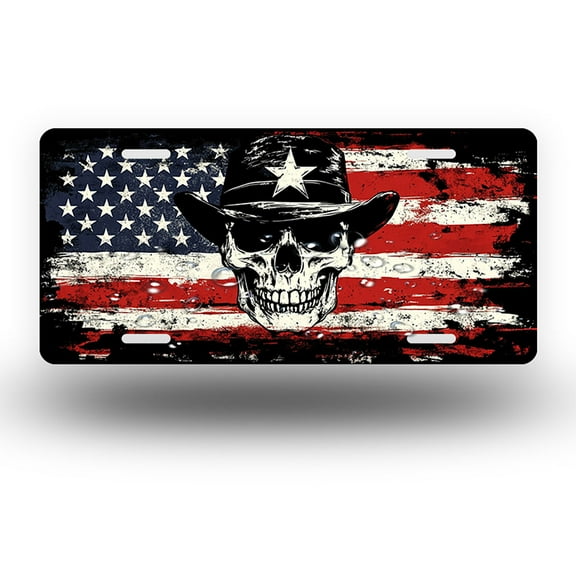 Star capped Skull with Flag Front License Plate, Metal License Plate, Funny Standard Plates Personalized Novelty Decorative For Men/Women/Boys/Girls Car 6×12 Inch