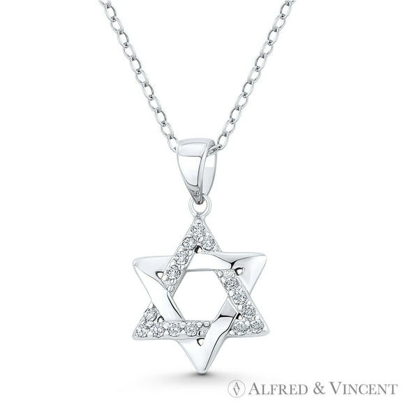 Star of David Cubic Zirconia CZ Crystal Accent Pendant & Chain Necklace in .925 Sterling Silver w/ Rhodium