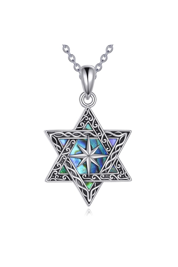 Star of David Cross/Chai/Tree of Life/Peace Sign Necklace for Women Men Sterling Silver Cross Abalone Shell Jewish Jewelry (compass)