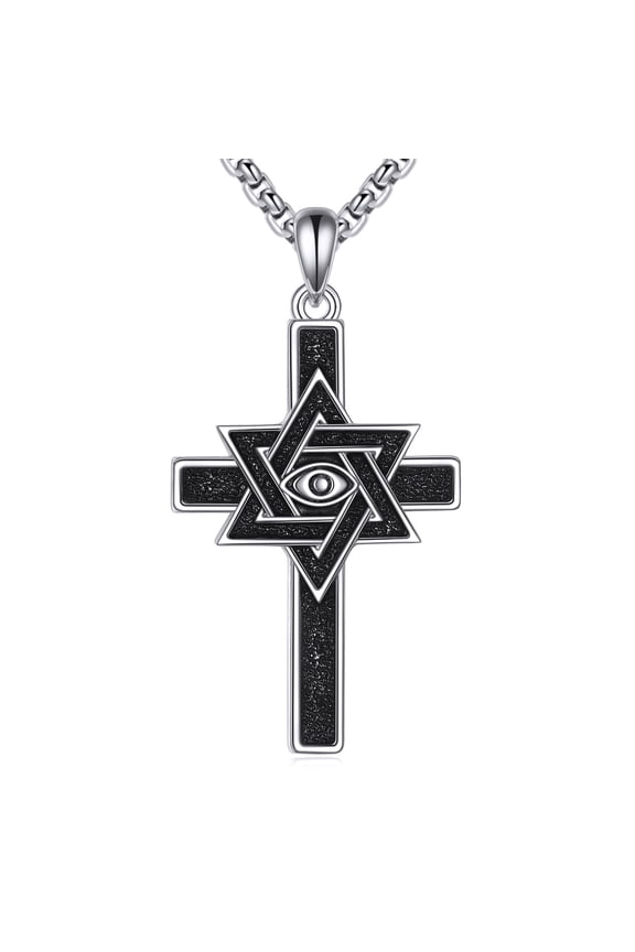 Star of David Cross Necklace Sterling Silver Jewish Star Pendant Necklace Evil Eye Jewelry Gift for Men Women
