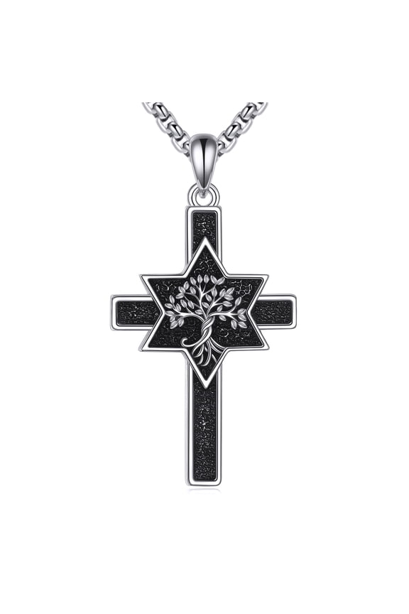 Star of David Cross Necklace Sterling Silver Jewish Star Pendant Necklace Tree of Life Jewelry Gift for Men Women