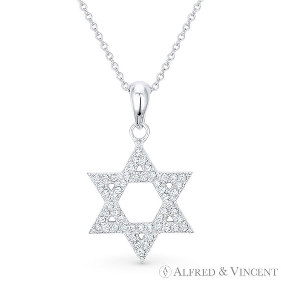 Star of David Cubic Zirconia CZ Crystal Pave Pendant & Chain Necklace in .925 Sterling Silver w/ Rhodium