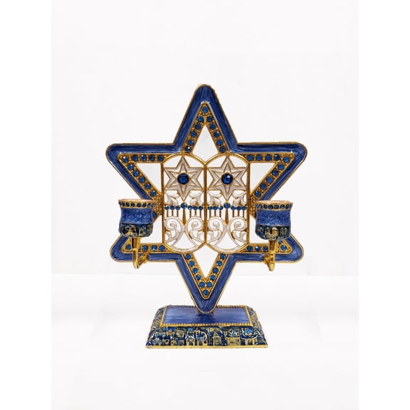 Star of David Design Candle Holder Hand Painted Enamel with Blue Crystals. 7" x 6.8" x 2.5"